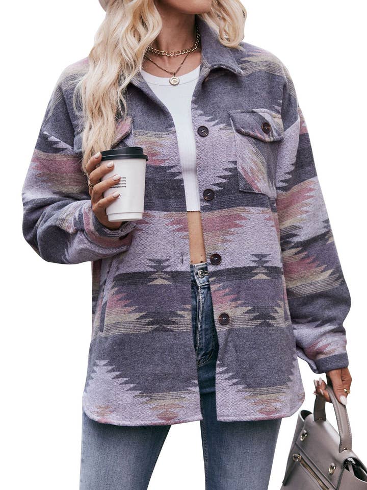 HIDDENBRAND - Wholesale Shirt Jacket/Shacket - Women's - Geometric Jacket Shirt Lapel Tweed Coat