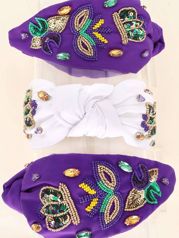 MARDI GRAS TRICOLOR SEQUIN BEADED KNOTTED HEADBAND H13478 for wholesale by anbfashion