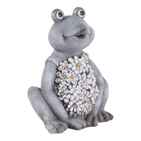 Sagebrook Home - Wholesale Outdoor Ornament/Decor - Ceramic Sitting Frog Statue Solar Flowers - Gray, 13 in.5