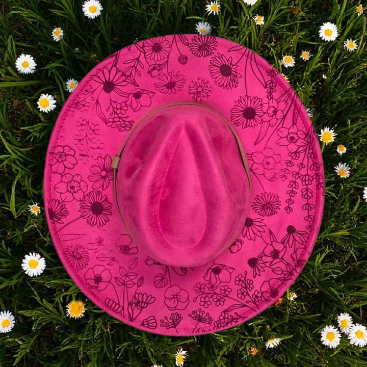 Floral Vegan Suede Wide Brim Hat Country Western Ranch Style for wholesale by The Kustom Edge