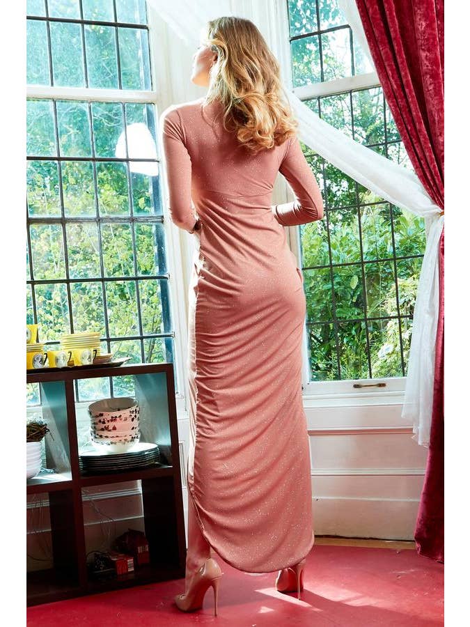 Clara - Nude - Glittery Plunge Front Knot Floor Length Dress for wholesale on Faire6