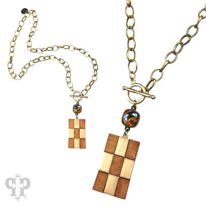 Checkerboard pattern pendant necklace with Austrian crystal for wholesale by Pink Panache Brands