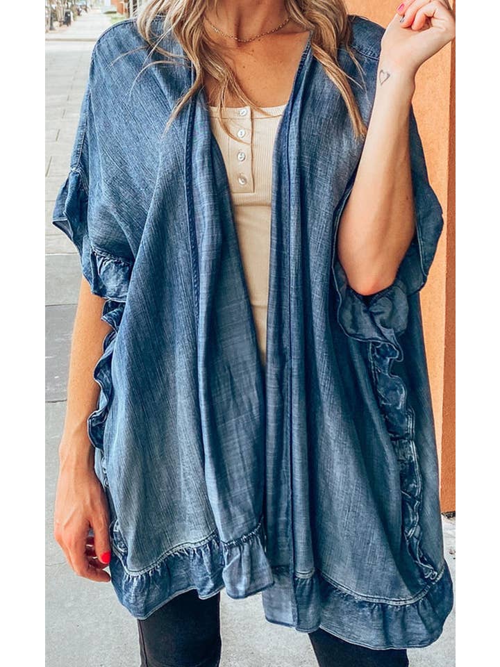 Blue Chambray Ruffle Hem Half Sleeve Open Loose Kimono for wholesale on Faire
