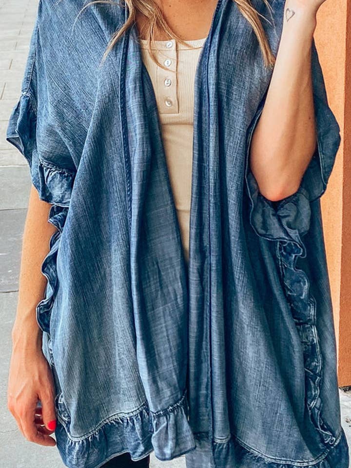 Chambray Ruffle Hem Half Sleeve Open Loose Kimono for wholesale by Umorger