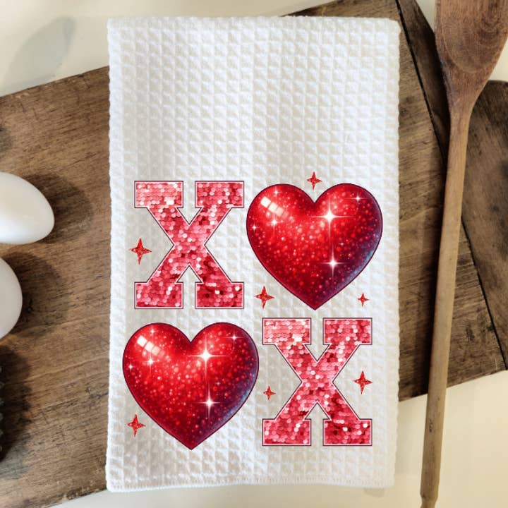 XoXo's Valentine's Day Waffle Weave Dish Towel Tea Towel for wholesale by Prairie Chicken Sticker Shop & Gifts