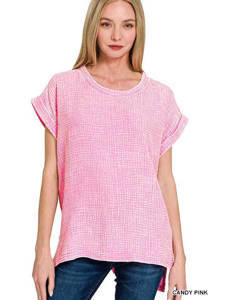 Vanilla Monkey - Wholesale Knit Top - Women's - Woven Double Gauze Acid Washed Short Sleeve Top