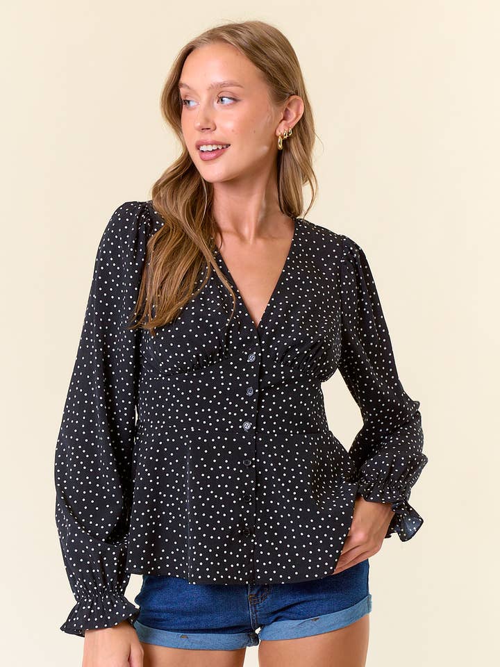 Blouse péplum à col en V et imprimé à pois - 44720T pour la vente par Doe and Rae