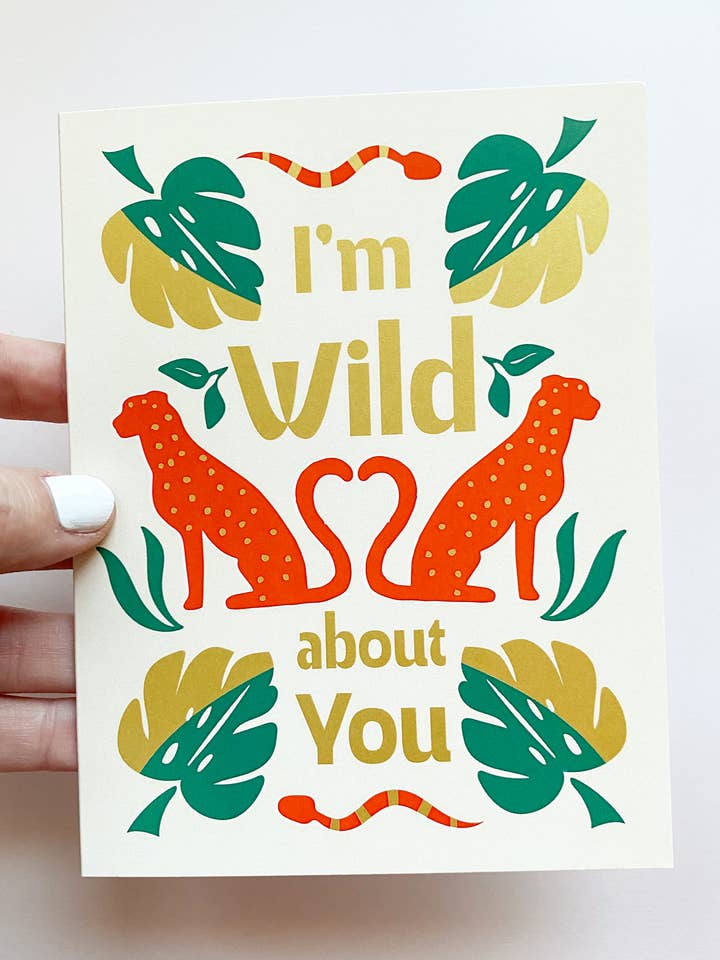 Vild med dig gulddekoreret A2 lykønskningskort for engroshandel hos Bottlebrush Graphics