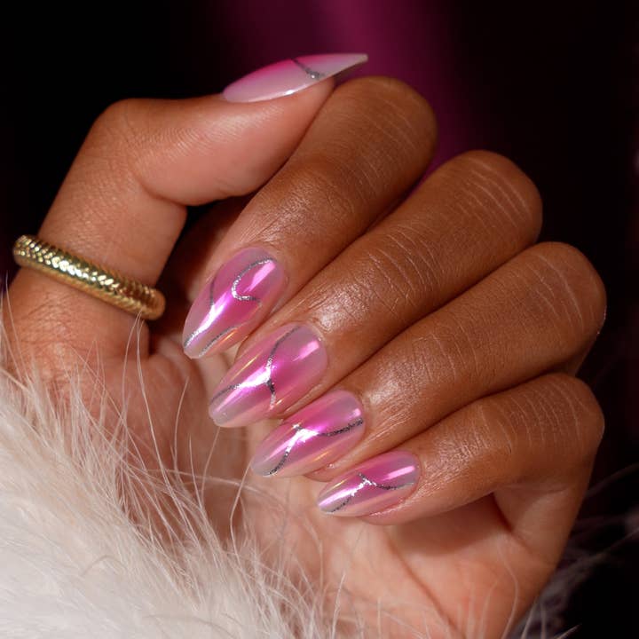 Pink Ombre Chrome Almond Nails - False Nails Set with Glue for wholesale by BTArtboxnails