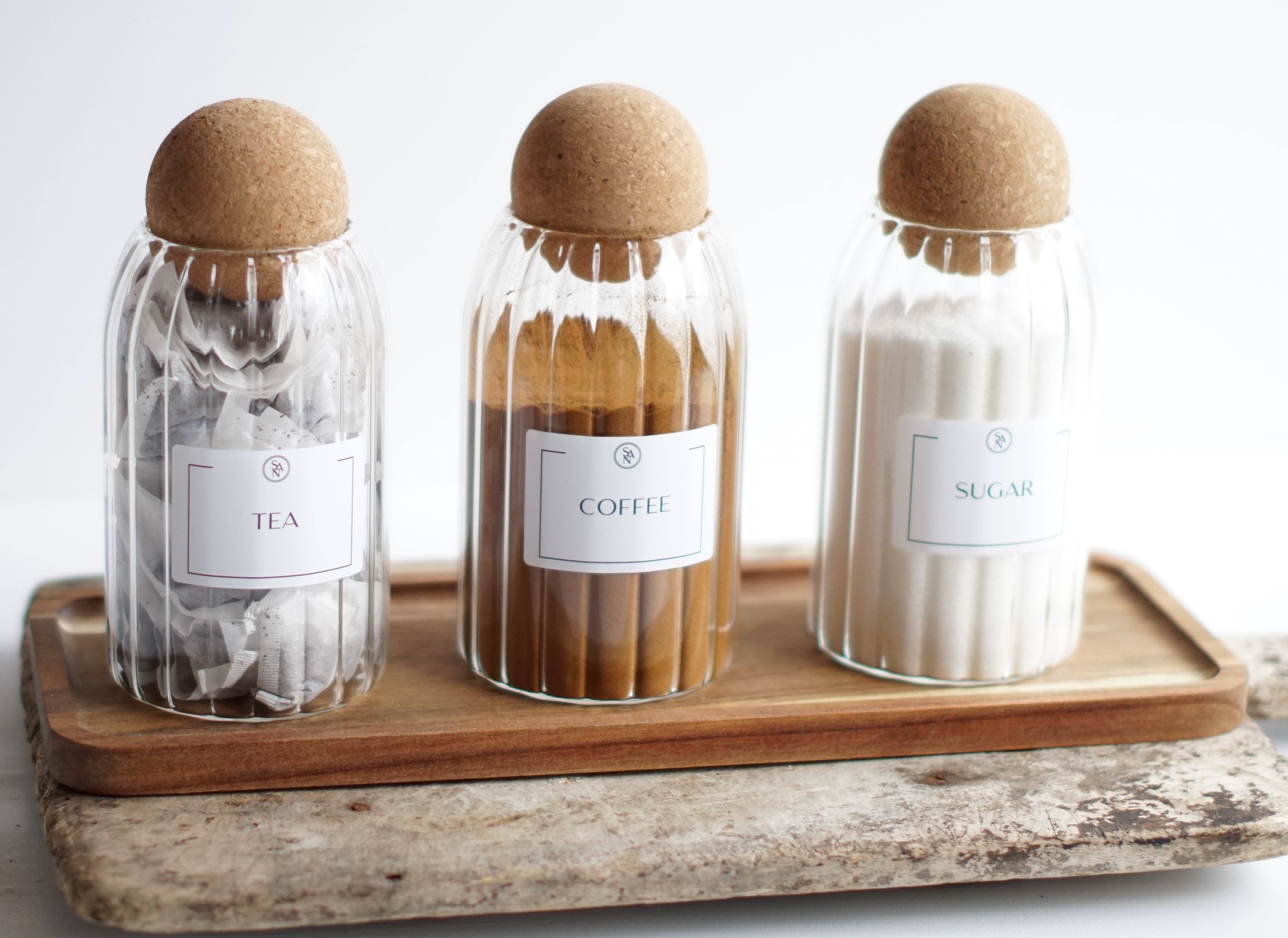 So At Nature – wholesale Jar – Reeded Glass Tea Coffee Sugar Jars with Cork Ball Lid6