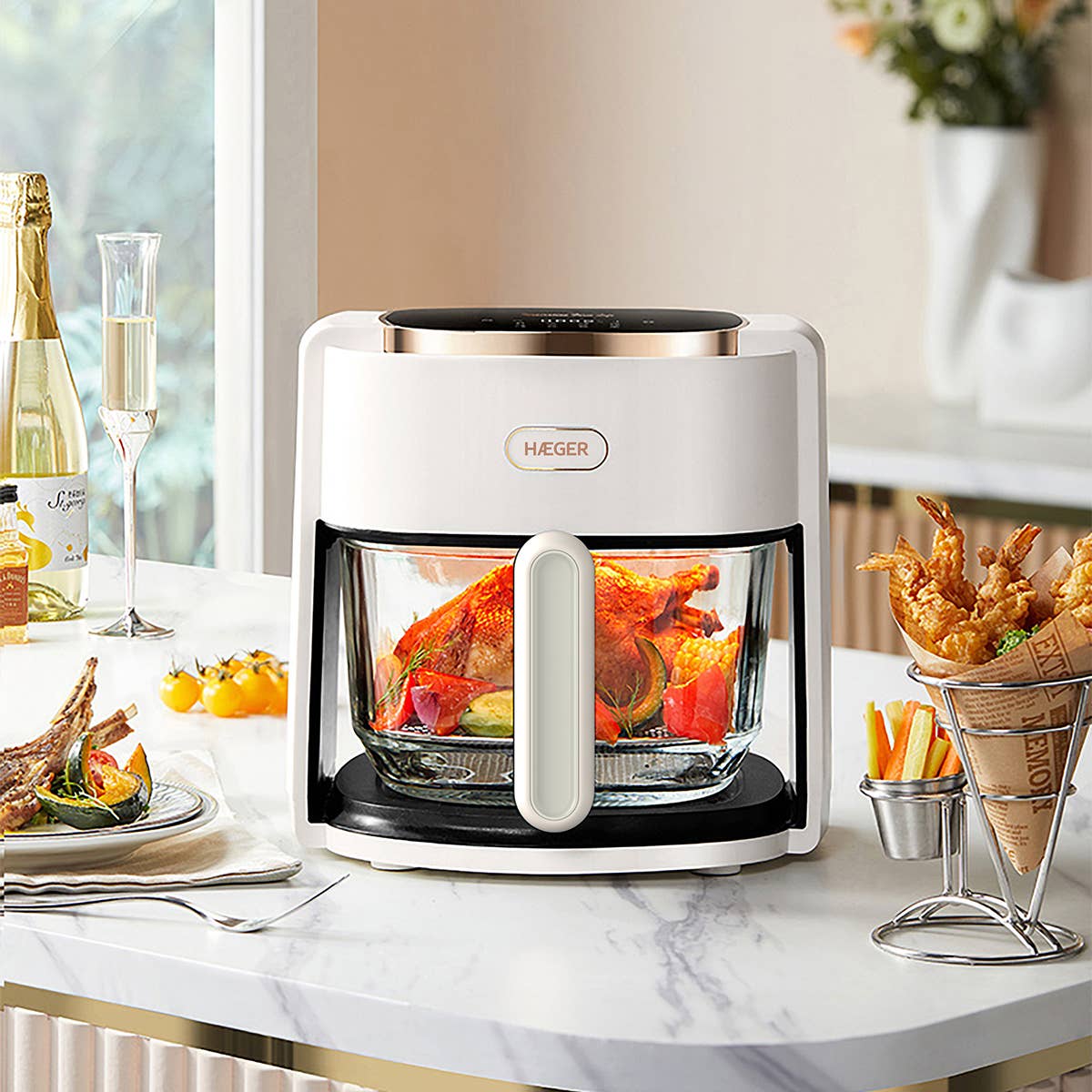 Haeger - Venta al por mayor Electrodomésticos - Freidora digital HAEGER Air Glass sin aceite - 4,5 litros, 8 programas, recipiente de vidrio, 1200 W1