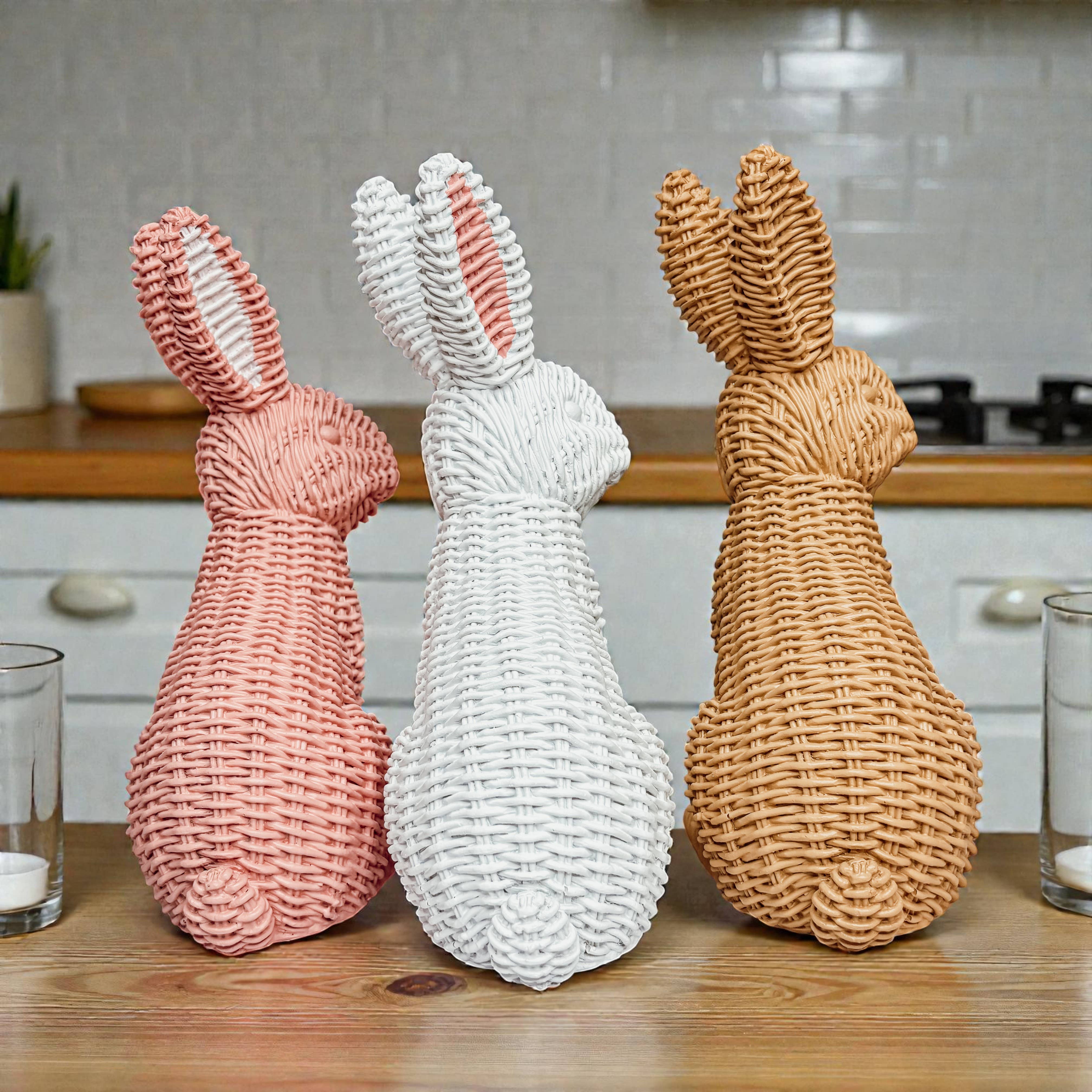 Gia Roma - Wholesale Sculpture - Easter Farmhouse Home Decor, Resin Bunny Figurine Rattan 3