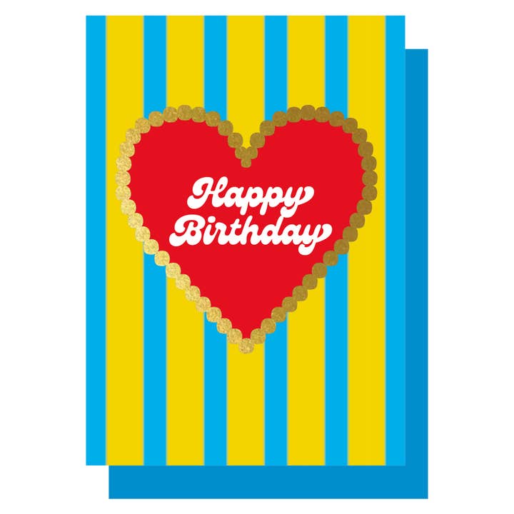 Happy Birthday blue & yellow stripe gold heart card for wholesale by Lucky Ink