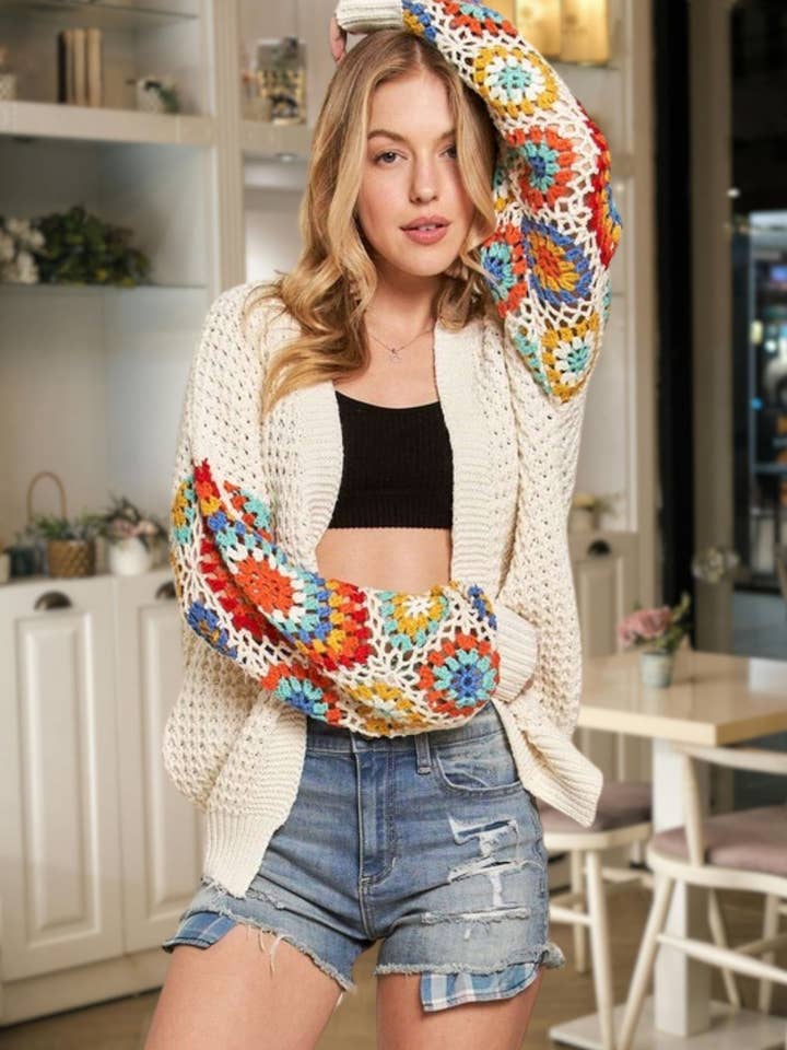 ADORA LA - Wholesale Cardigan - Women's - CESW3577 - MULTI COLOR SLEEVE CROCHET CARDIGAN10