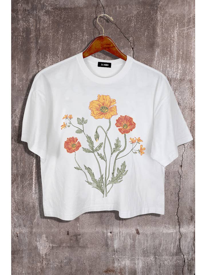 2&moon - Wholesale Screen Printed T-Shirt - Women's - Flower Graphic Crop Tee