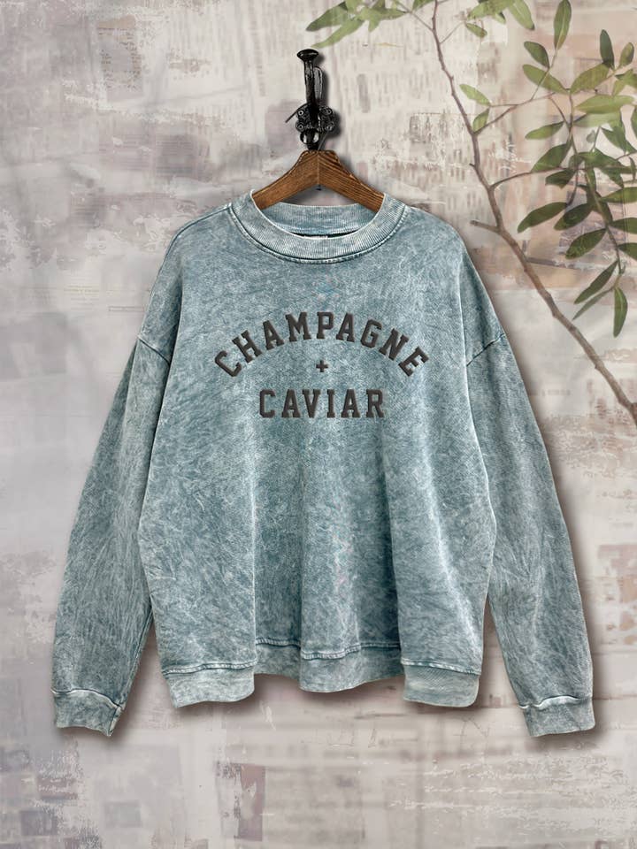 Vintage Point - Wholesale Graphic Sweatshirt - Women's - SWD385-P6216 - CHAMPAGNE & CAVIAR MINERAL WASHED SWEATSHIRT