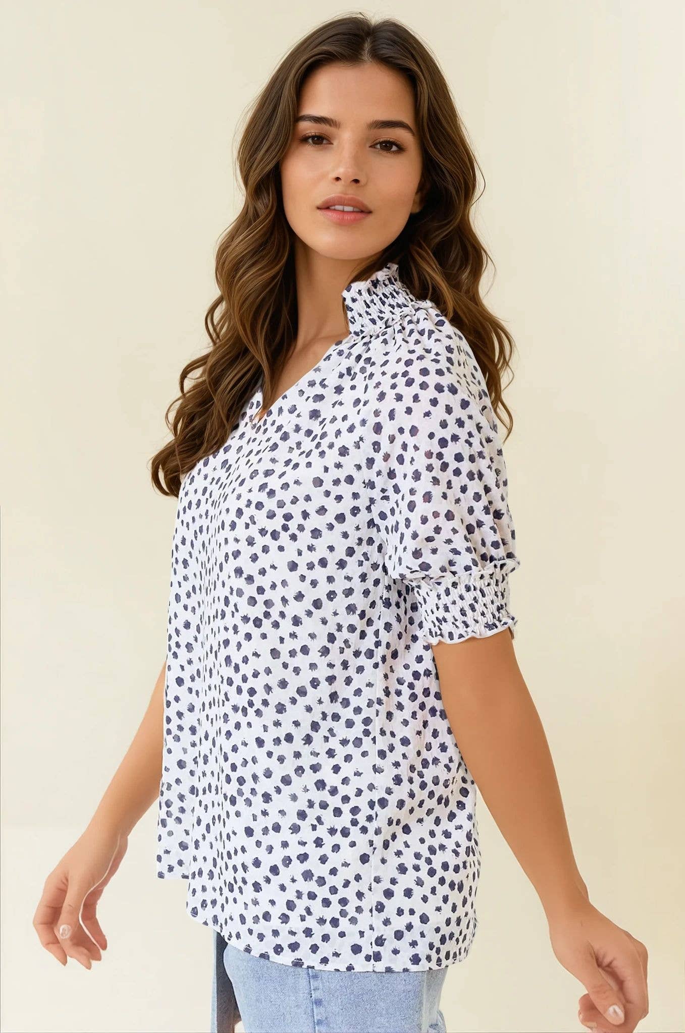 Black JACQUARD DOT PRINT SHORT SLEEVE BLOUSE - 44497T for wholesale on Faire2