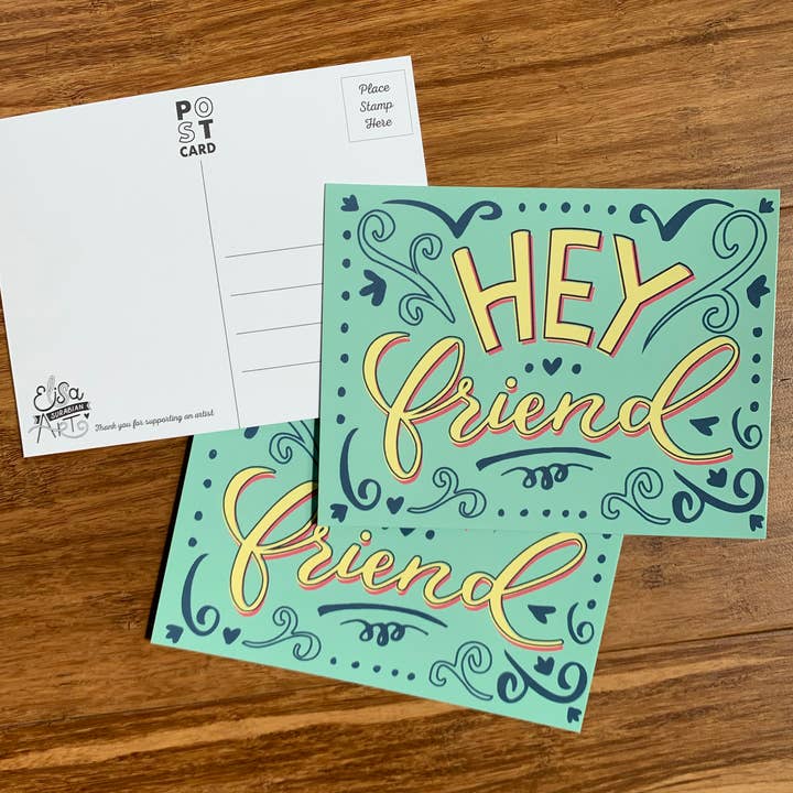 Hey Friend Postcards for wholesale by Elissa Surabian Art