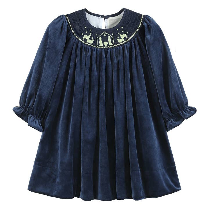 Lil Cactus - Wholesale Dress - Kids - Navy Blue Velvet Gold Nativity Smocked Bishop Dress0