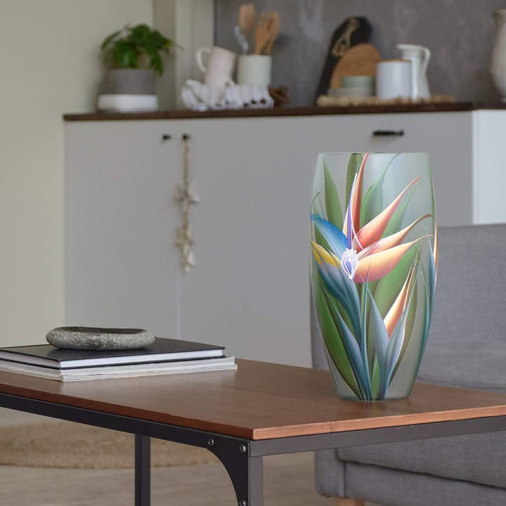 Handpainted Glass Vase for Flowers | Strelitzia Painted Art Glass Oval Vase | Interior Design Home Decor 12 Inch. for wholesale by Project Development Group INC