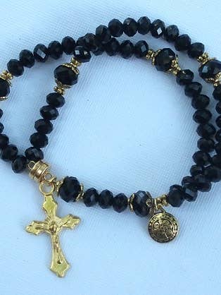 Black Crystal Wrist Rosary Five Decade With Gold for wholesale by MG Rosary