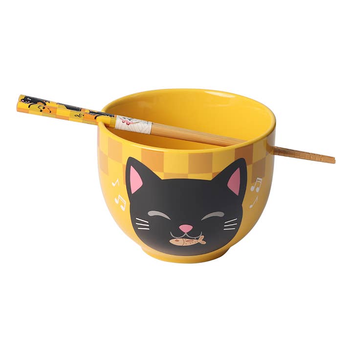 18oz 5"D Donburi Bowl With Chopsticks Set Neko Friends Yellow (4/16) for wholesale by Urban Tokyo