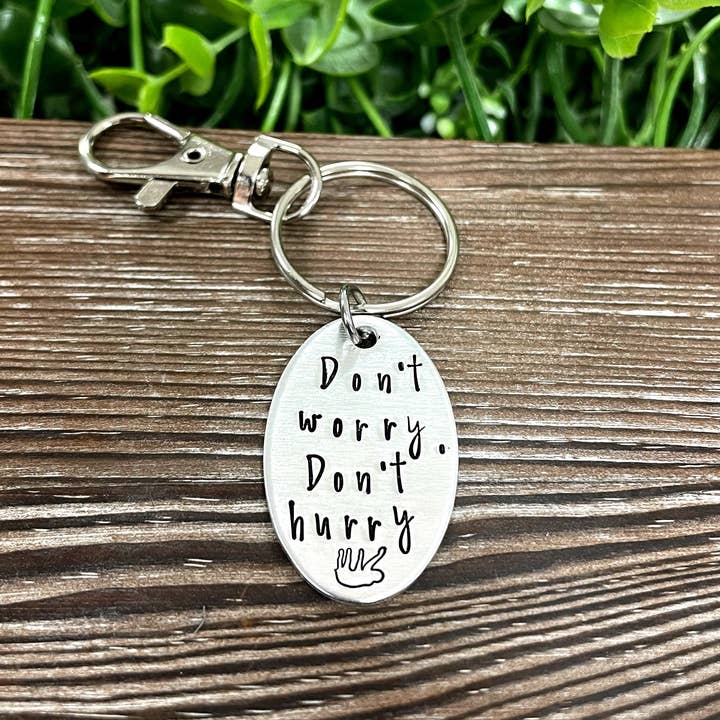 Don’t Worry Don’t Hurry Sloth Fun Animal Themed Hand Stamped Key Chain for wholesale by Handmade by Marlayna