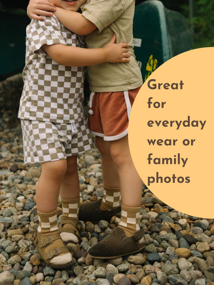 Dot of Honey | Mom + Mini - Wholesale Socks - Kids - Baby/Toddler Half-Crew Socks 2-Pack, Checkered & Bubs Stripe