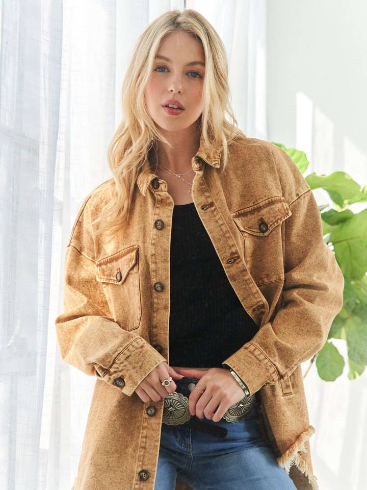 CEJ3686WN - FRAYED BUTTON DOWN SHACKET for wholesale by ADORA LA