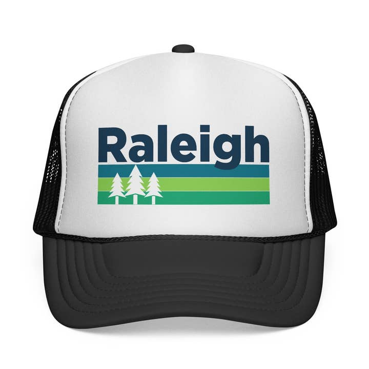 Raleigh, North Carolina Retro Trees Trucker Hat for wholesale by Hey Mountains
