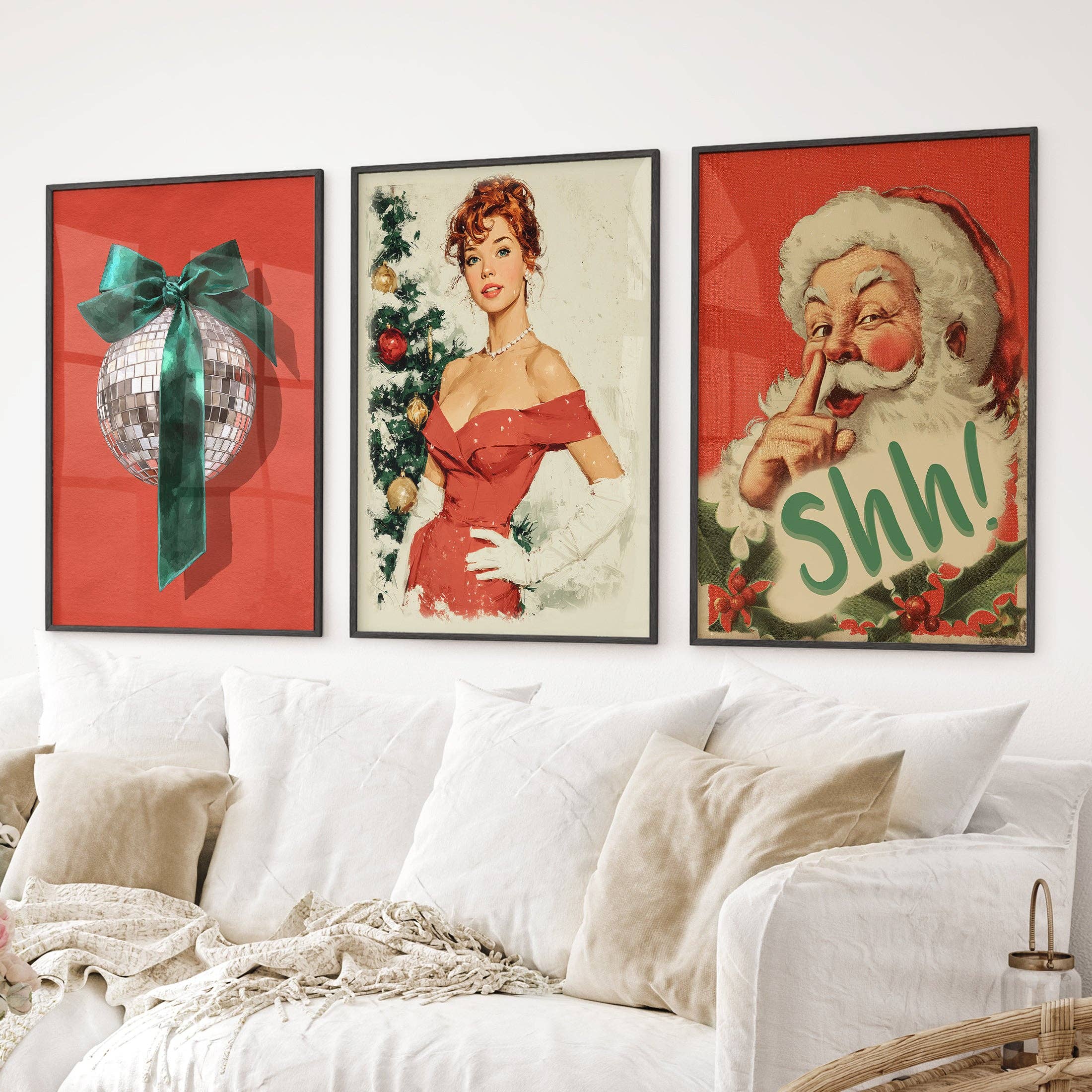 PrintSets.com - Wholesale Gallery Wall Set - Retro Holiday 3 Piece Wall Art: Santa, Pin-Up Girl, Disco Ball4