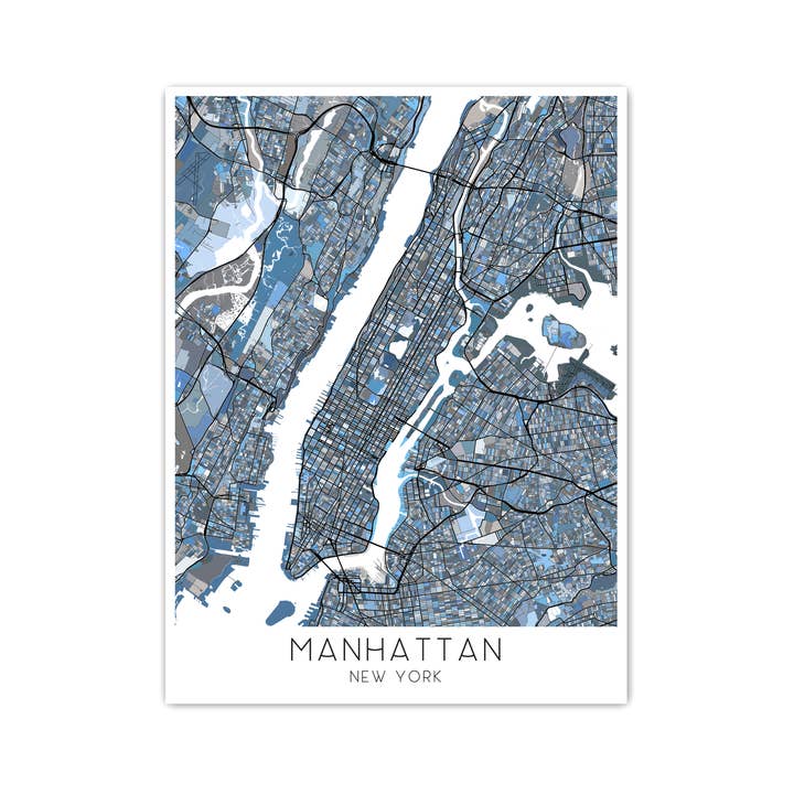 Manhattan New York City Blue Geometric Map Art Print, NYC for wholesale by Maps As Art