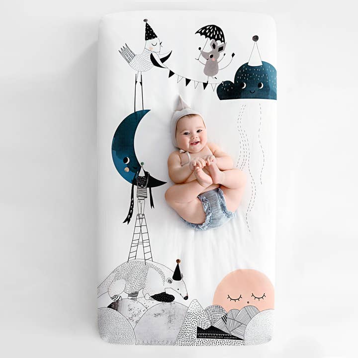 Cotton Sateen Crib Sheet: The Moon's Birthday for wholesale by Rookie Humans
