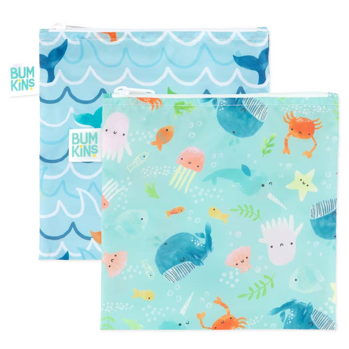 Reusable Snack Bag, Large 2-Pack: Ocean Life & Whale Tail for wholesale by Bumkins