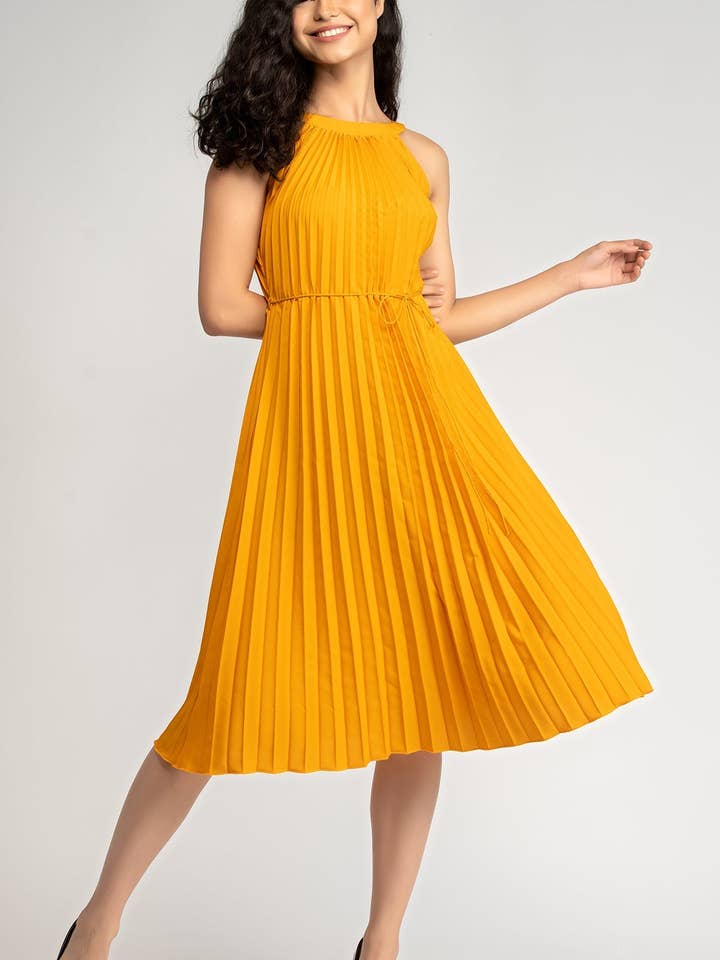 Women's Elegant Belted Pleated Sleeveess Short Dress Yellow Color for wholesale by STYLE INSTANT