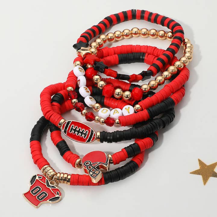 Sensibling Corp. - Wholesale Jewelry Set - 7PCS - Football Charm Star GAME DAY Message Heishi Beaded Stretch Multi Layered Bracelets6