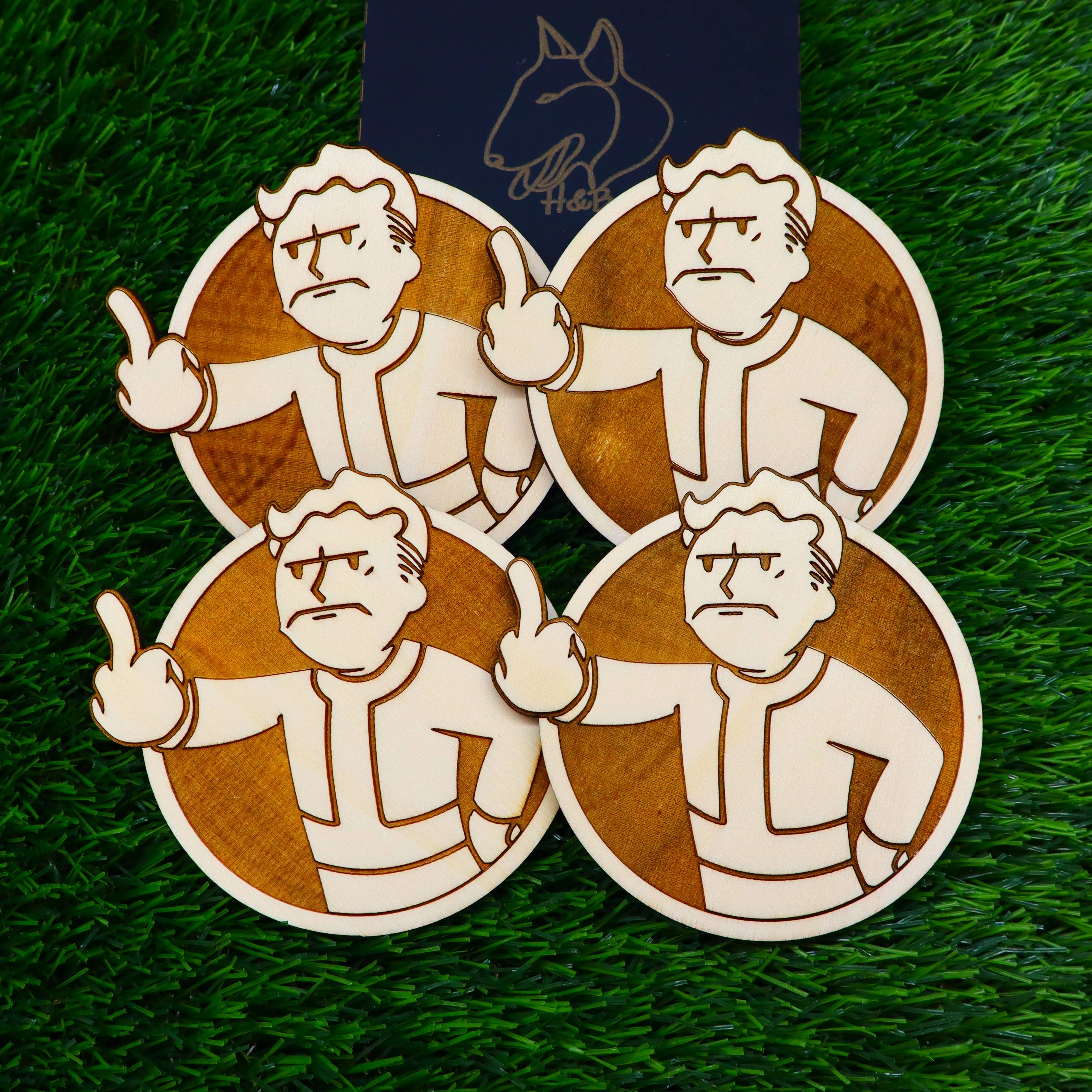 Herbs&Belles – Base de copos por atacado – Porta-copos de Madeira Fallout, Vault Boy Louco, Presente Geek Decoração de Casa13