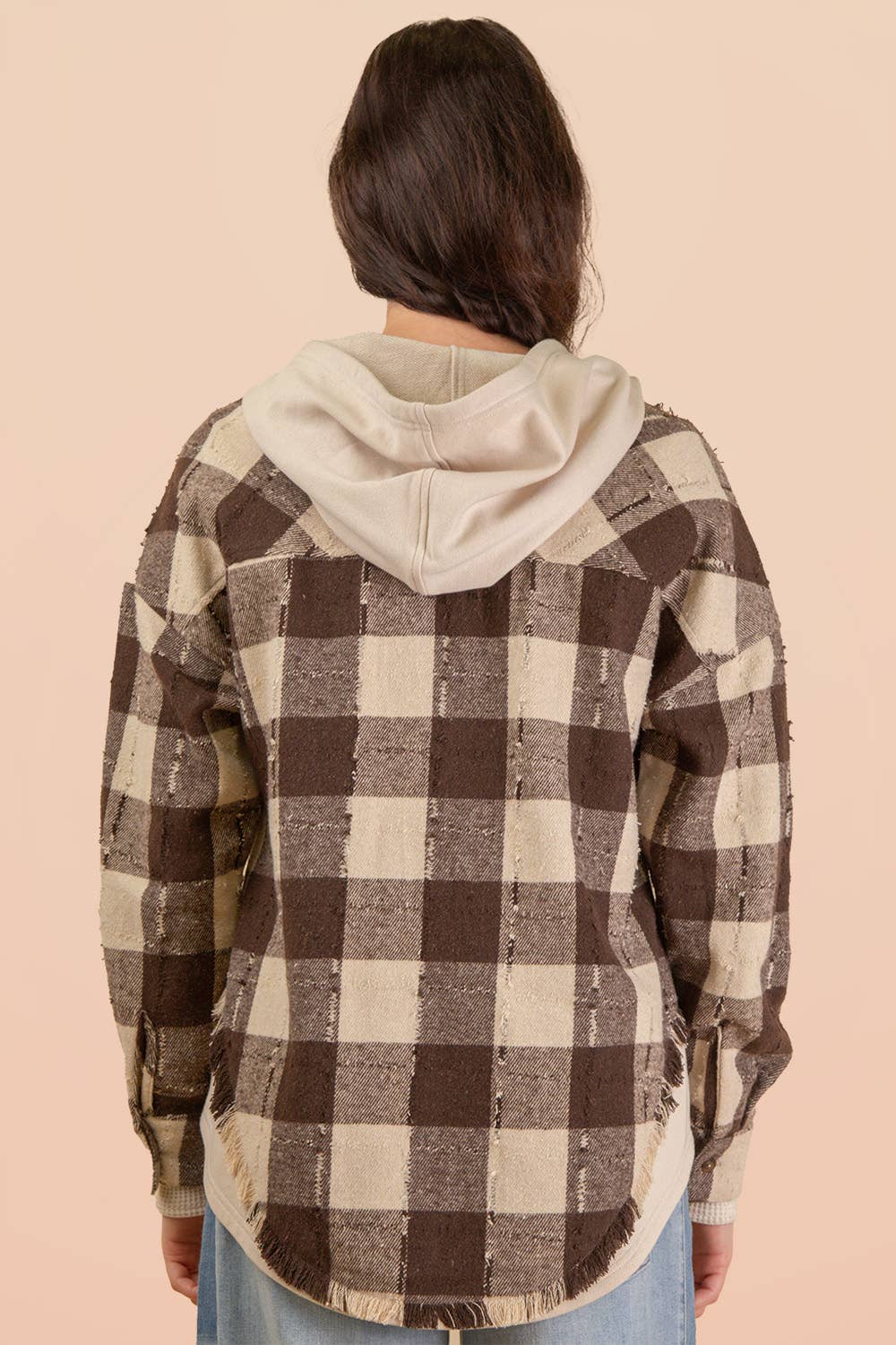 VERY J - Wholesale Jacket - Women's - NT12253-Oversized Flannel Hooded Button Down Jacket15