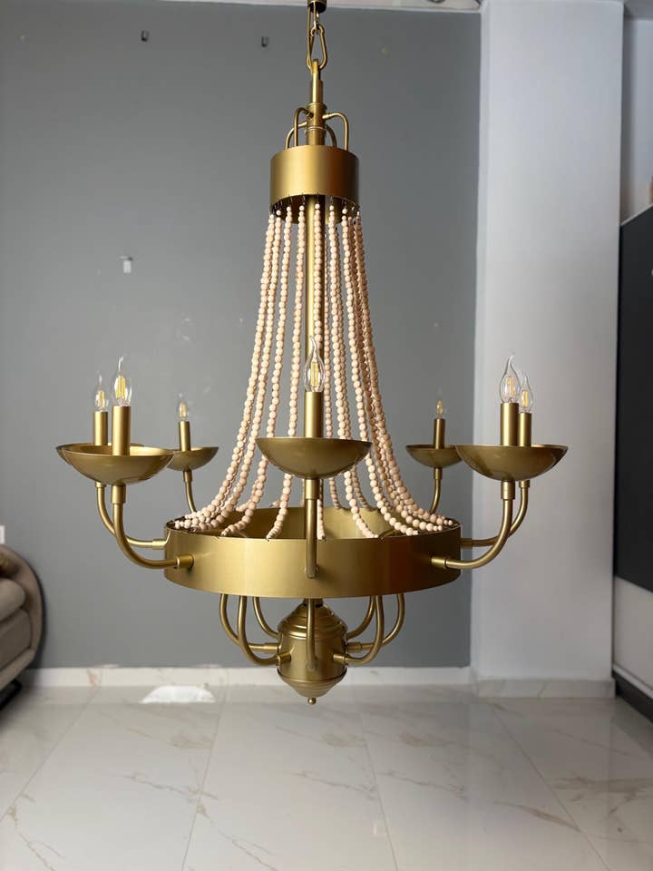 Wood Bead Candle Chandelier – Rustic Luxury Lighting , Holiday Decor for wholesale by Joy's Arts