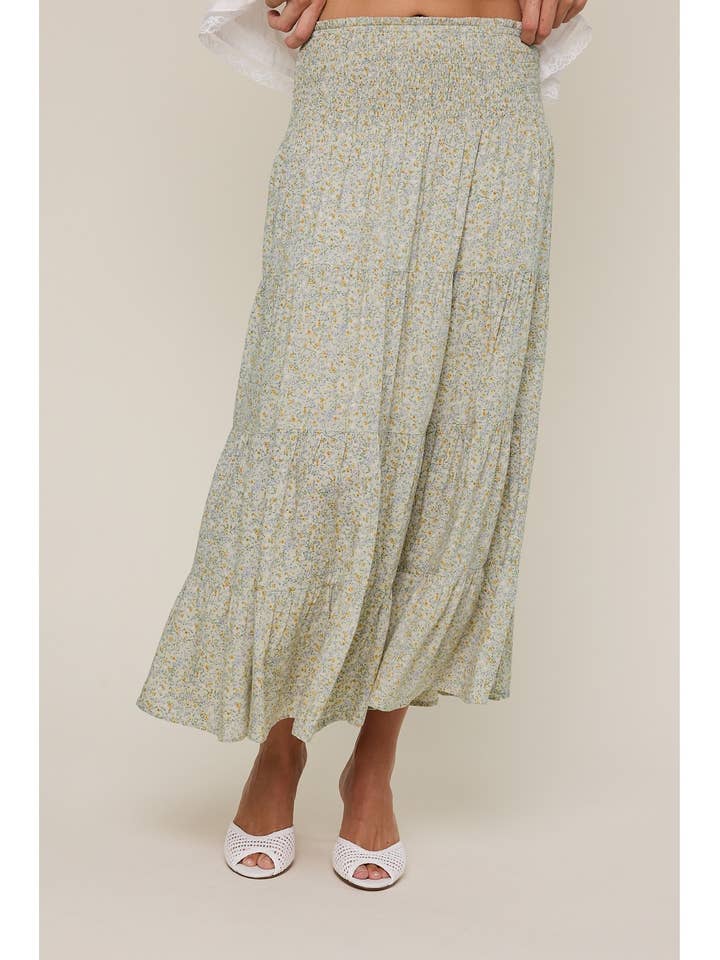 DITSY FLORAL TIERED MIDI SKIRT / WL25-12057 for wholesale by Wishlist Apparel