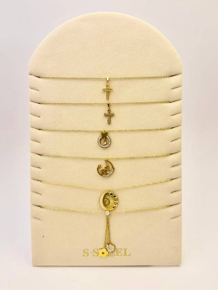 Set of 6 assorted stainless steel necklaces Display stand included for wholesale by COSMOS