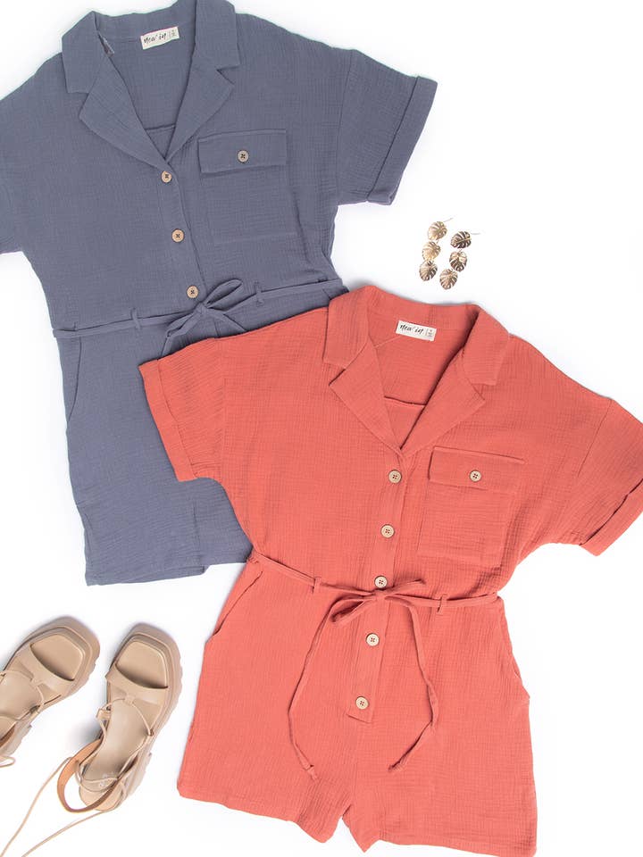 VERY J - Wholesale Romper - Women's - NP70151-Belted Button Down Romper