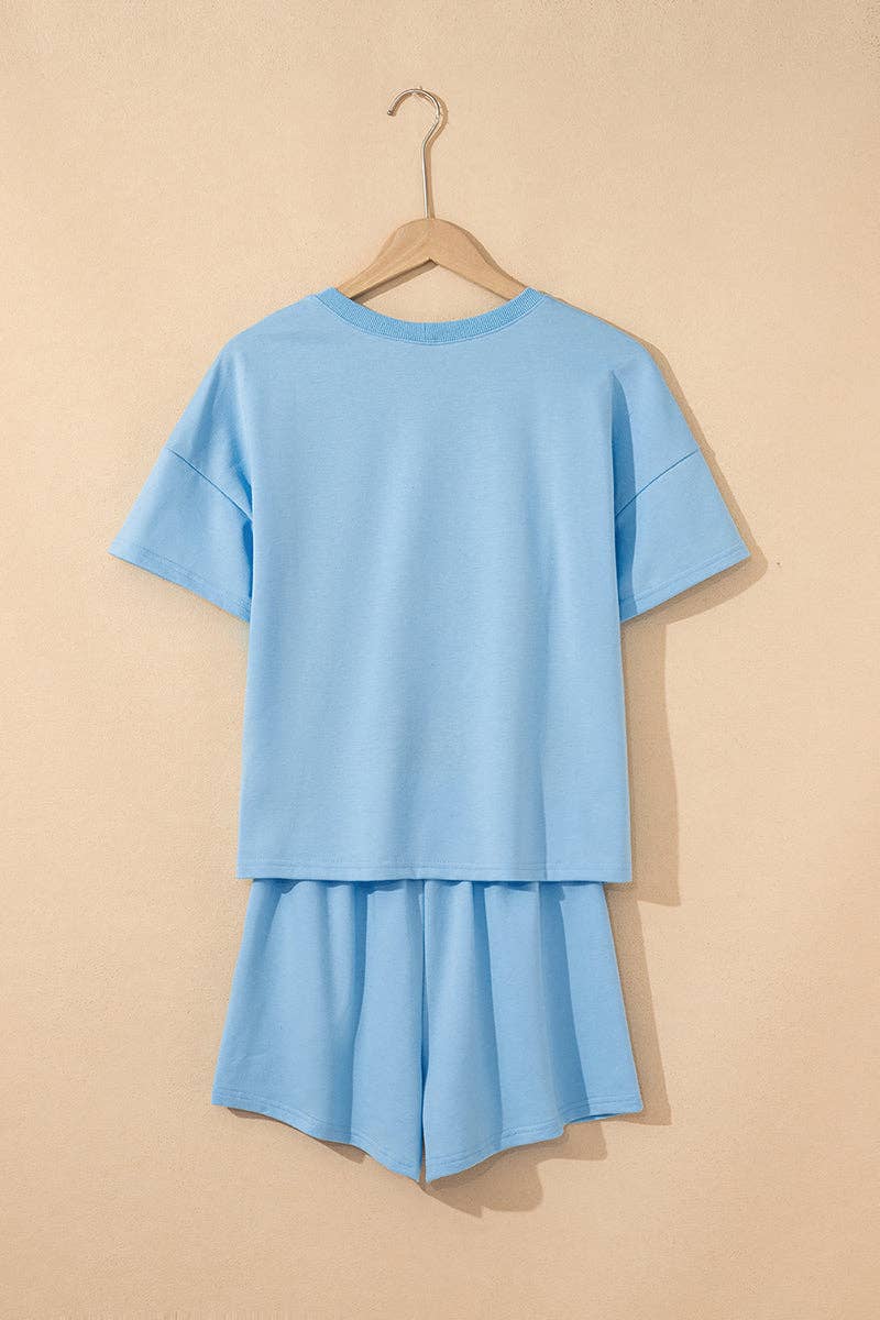 BLUE Cheer Graphic V Neck Short Set for wholesale on Faire2