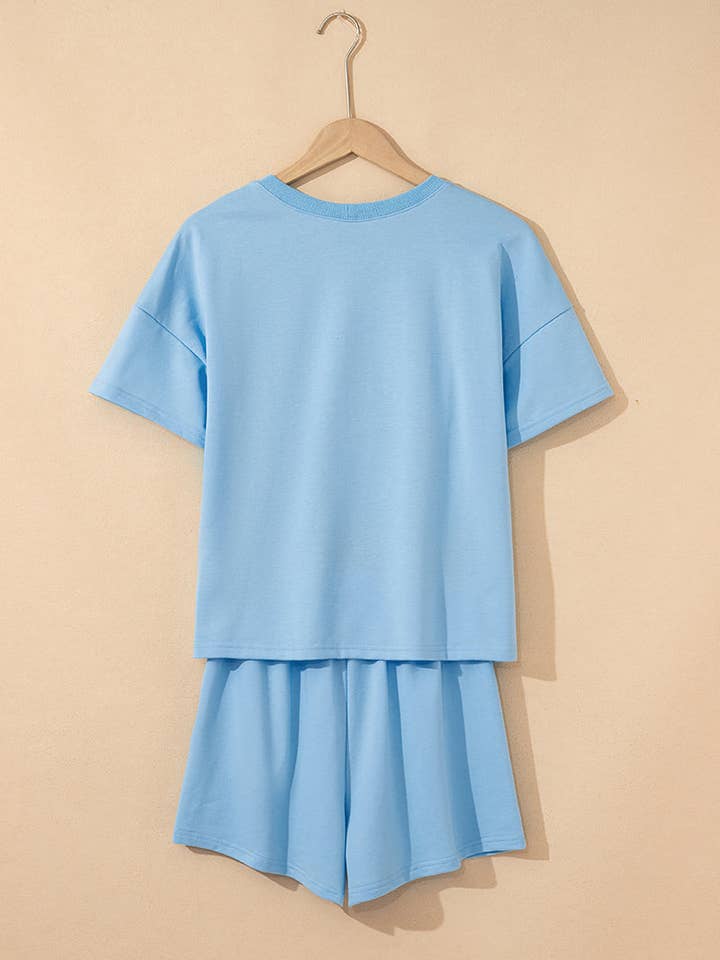 BLUE Cheer Graphic V Neck Short Set for wholesale on Faire2