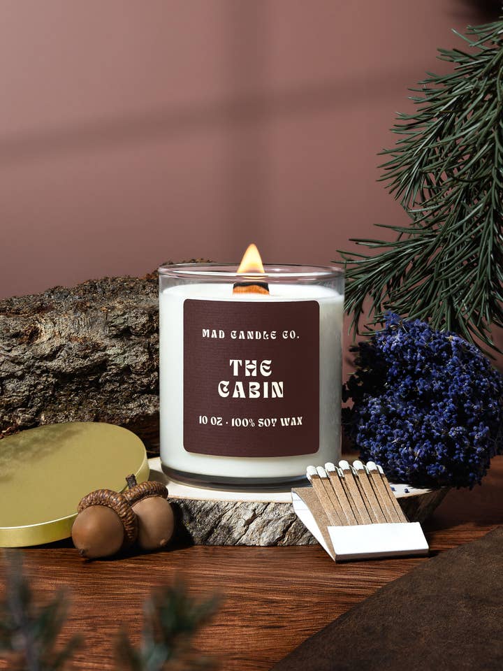The Cabin Soy Candle - 10oz Glass Jar & Wood Wick for wholesale by Mad Candle Co.
