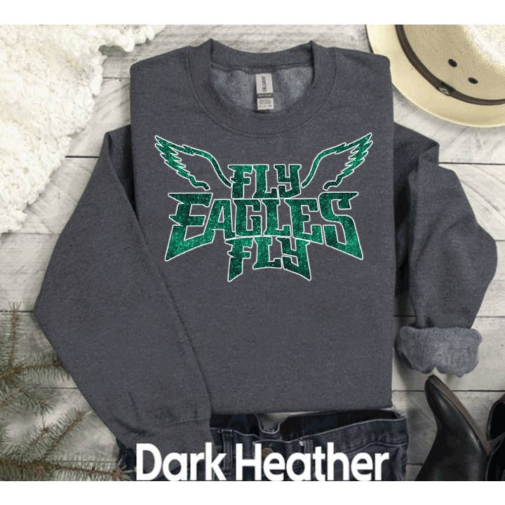 A Blessed Texas Mess Boutique - Wholesale Screen Printed T-Shirt - Women's - Fly Eagles Fly Faux Glitter Bling Philadelphia football