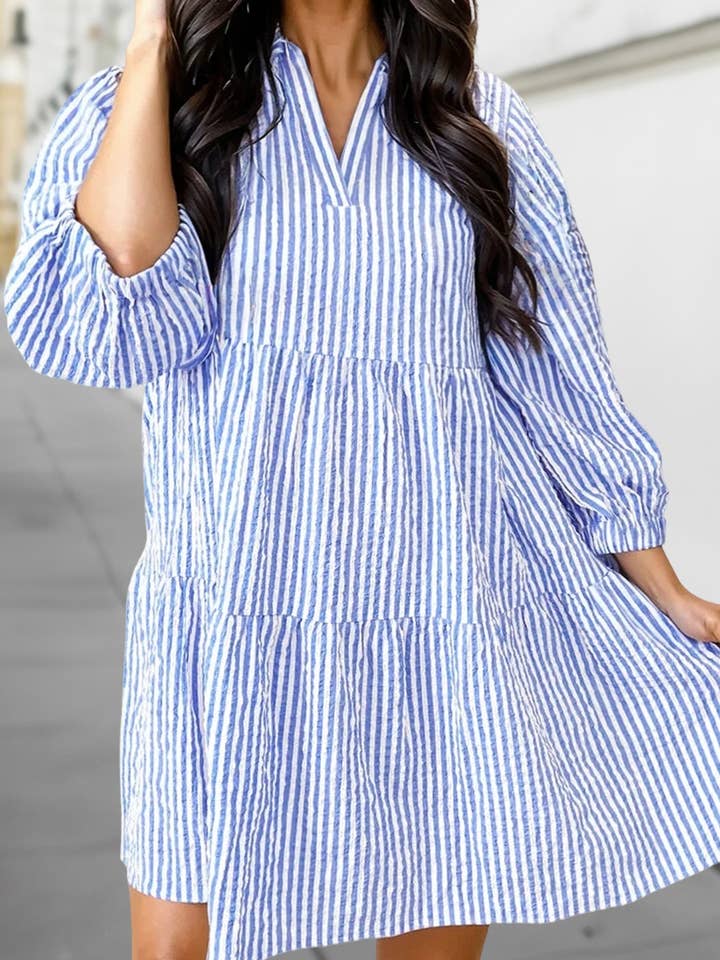 Stripe V Neck Tiered Mini Dress | Plus Size 1X-4X for wholesale by Aapparella