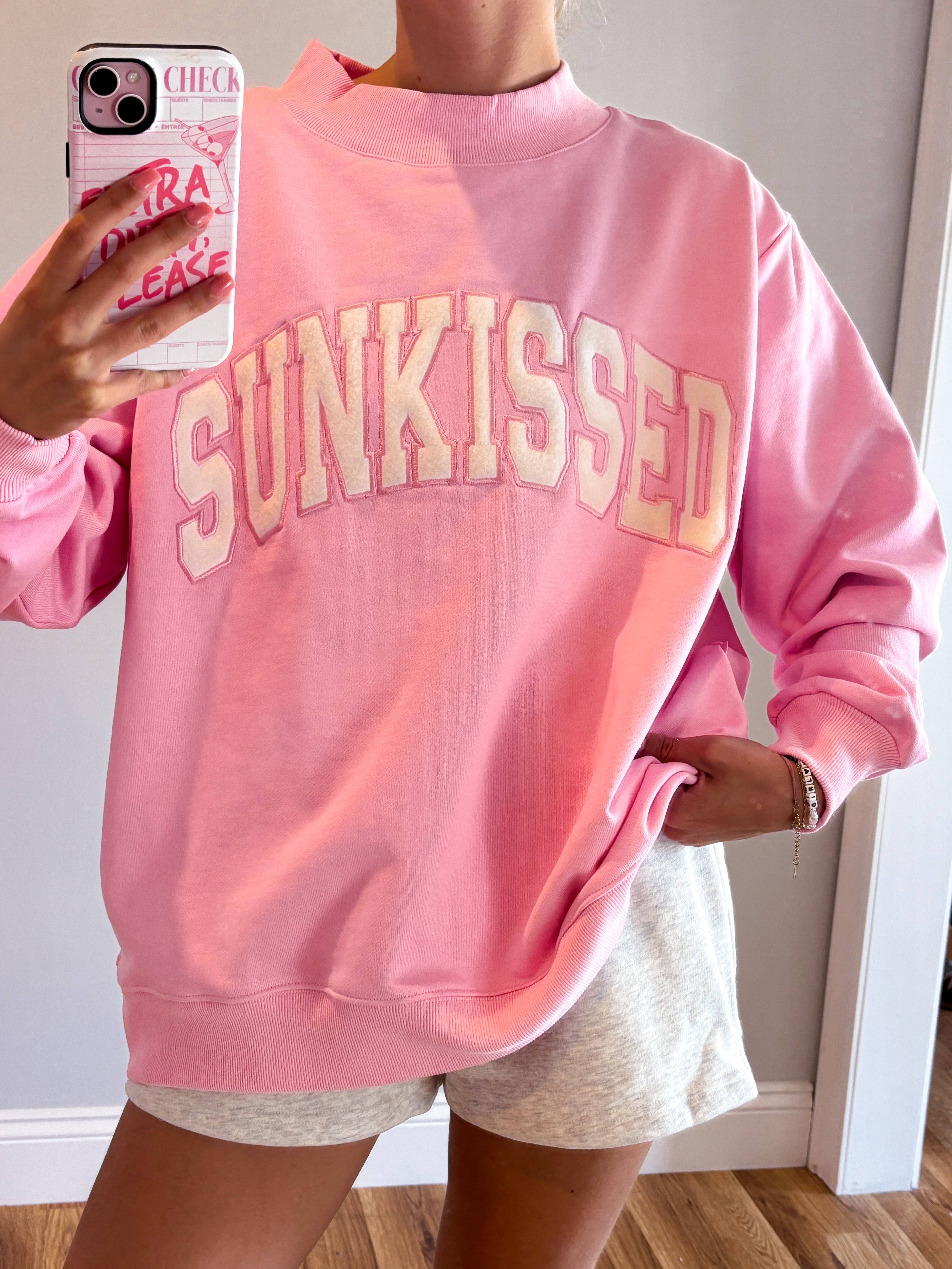 Lottie Pink Varsity Sunkissed Embroidered Mockneck Sweatshirt 100% Cotton for wholesale on Faire1