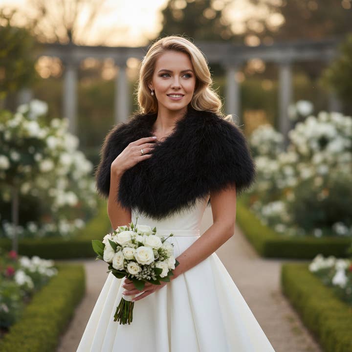 VINTAGE INSPIRED MARABOU FEATHER STOLE - BLACK (SG1) for wholesale by Athena Bridal Jewellery