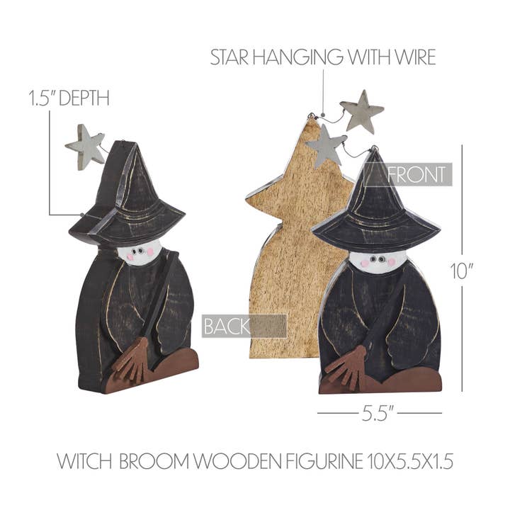 VHC Brands - Wholesale Decorative Tabletop Object - Witch w/ Broom Wooden Figurine 10x5.5x1.5